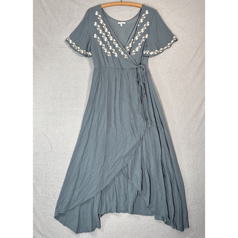Jodifl Maxi Dress Women’s Size M Floral Embroidery Dusty Grey Blue CottageCore